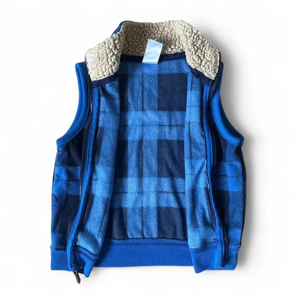 Carter’s Baby Fleece Vest Blue Buffalo Plaid Sherpa Collar Zip-Up Size 18M